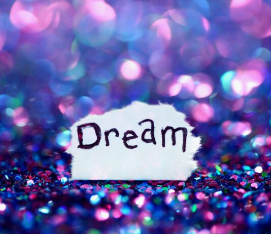 직업전환교육으로 40대의 꿈 지원 Dream signage surrounded sequins
